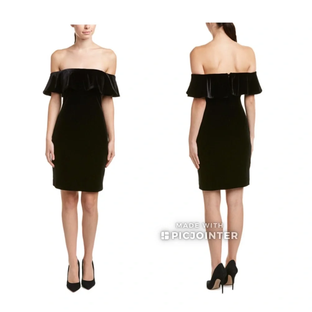Eliza J Black Velvet Ruffled Off Shoulder Dress 4 LBD NWT